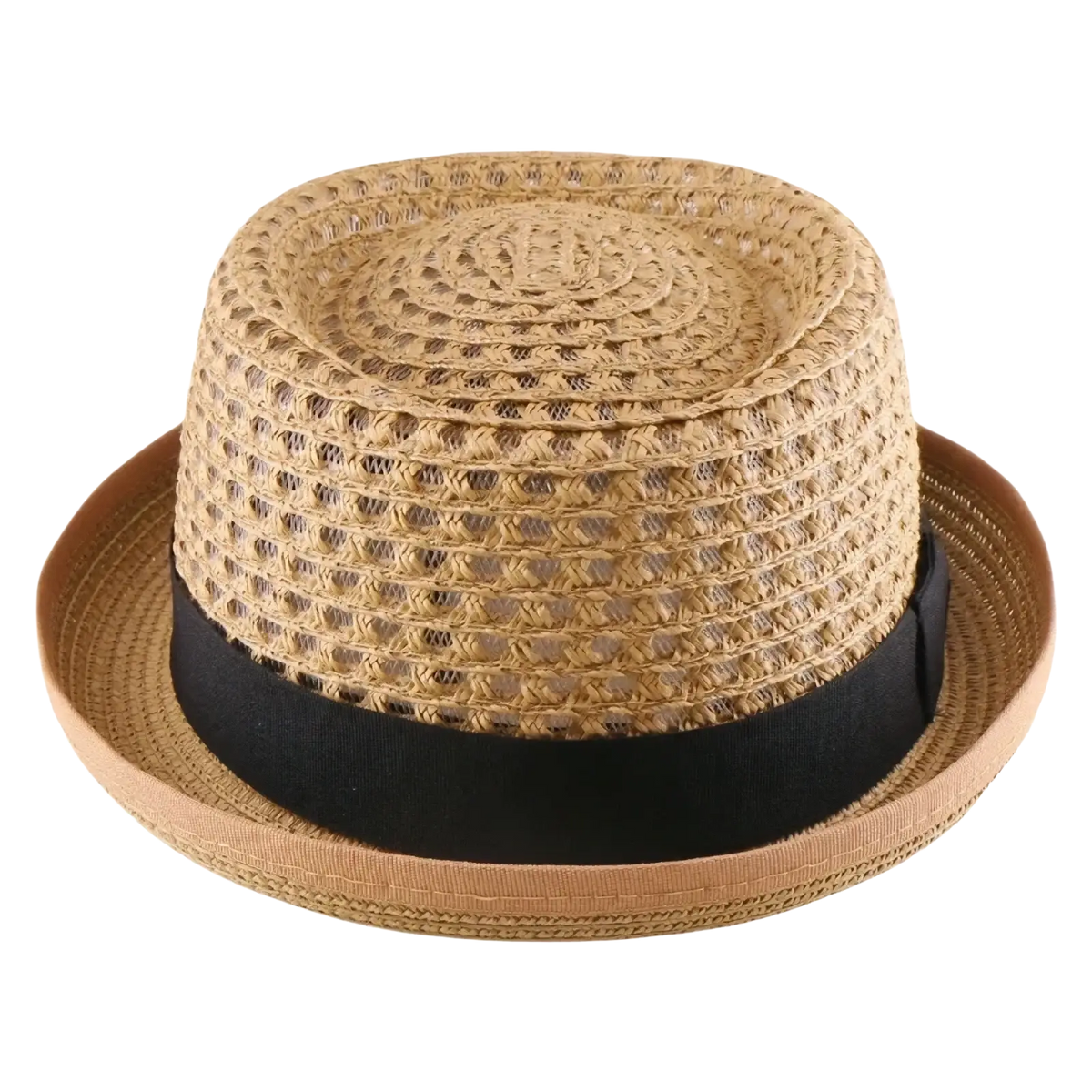 Beige woven straw fedora sun hat with a black ribbon band, unisex and ideal for sun protection