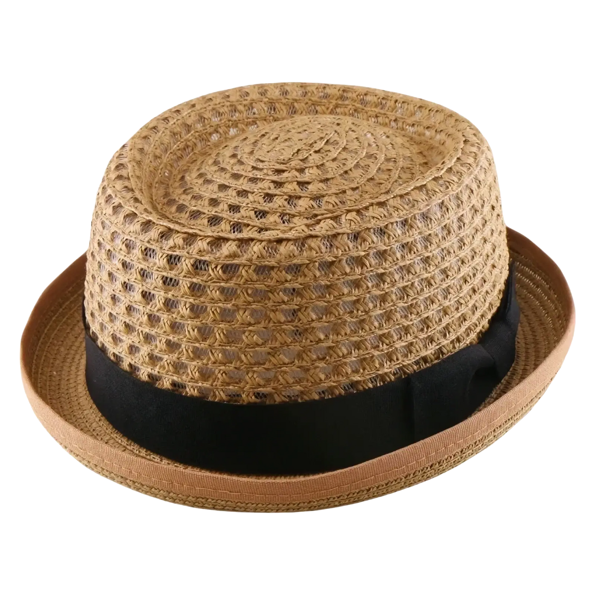 Beige woven straw fedora sun hat with a black satin band designed for unisex use