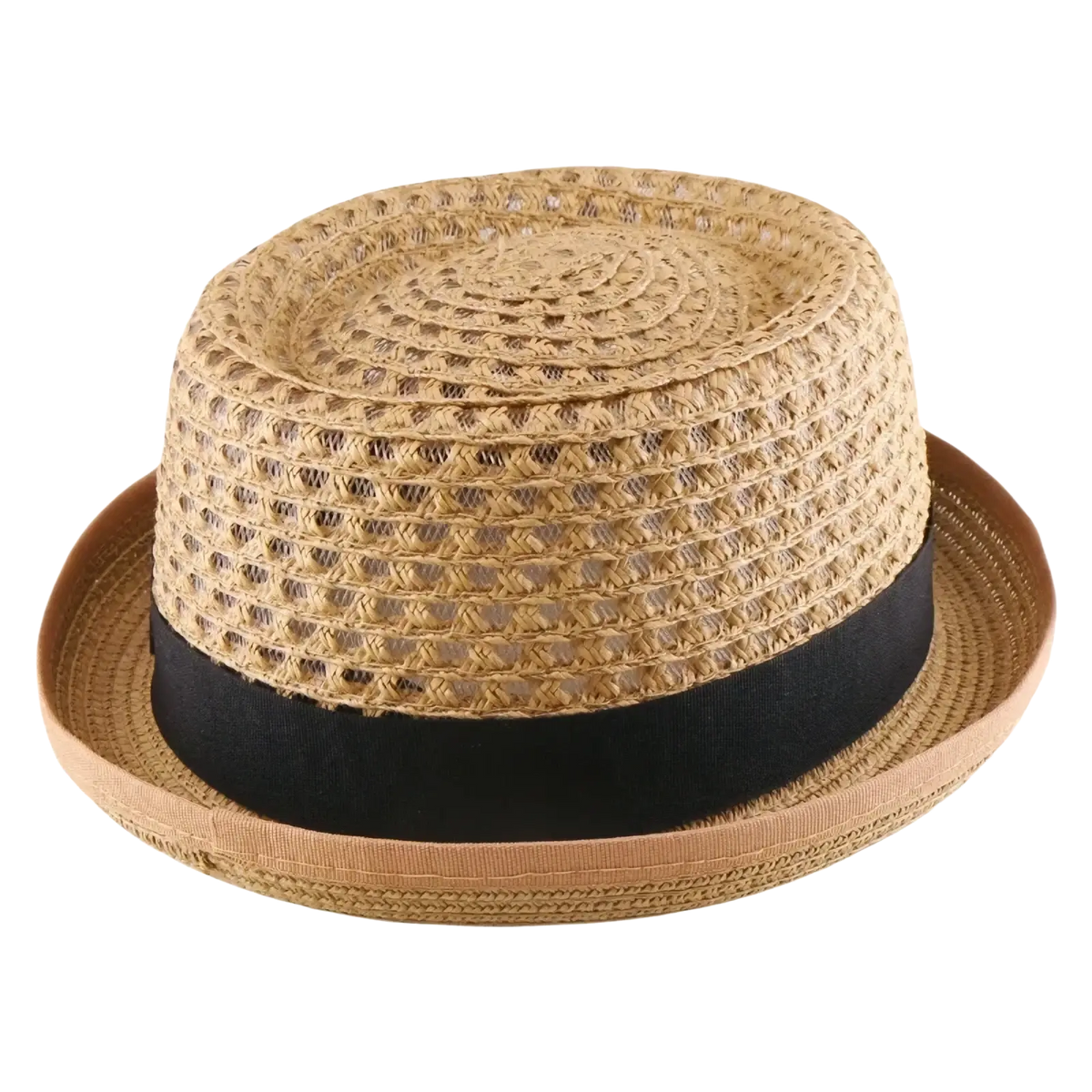 Beige woven straw fedora sun hat with black ribbon band designed as a unisex accessory for sun protection