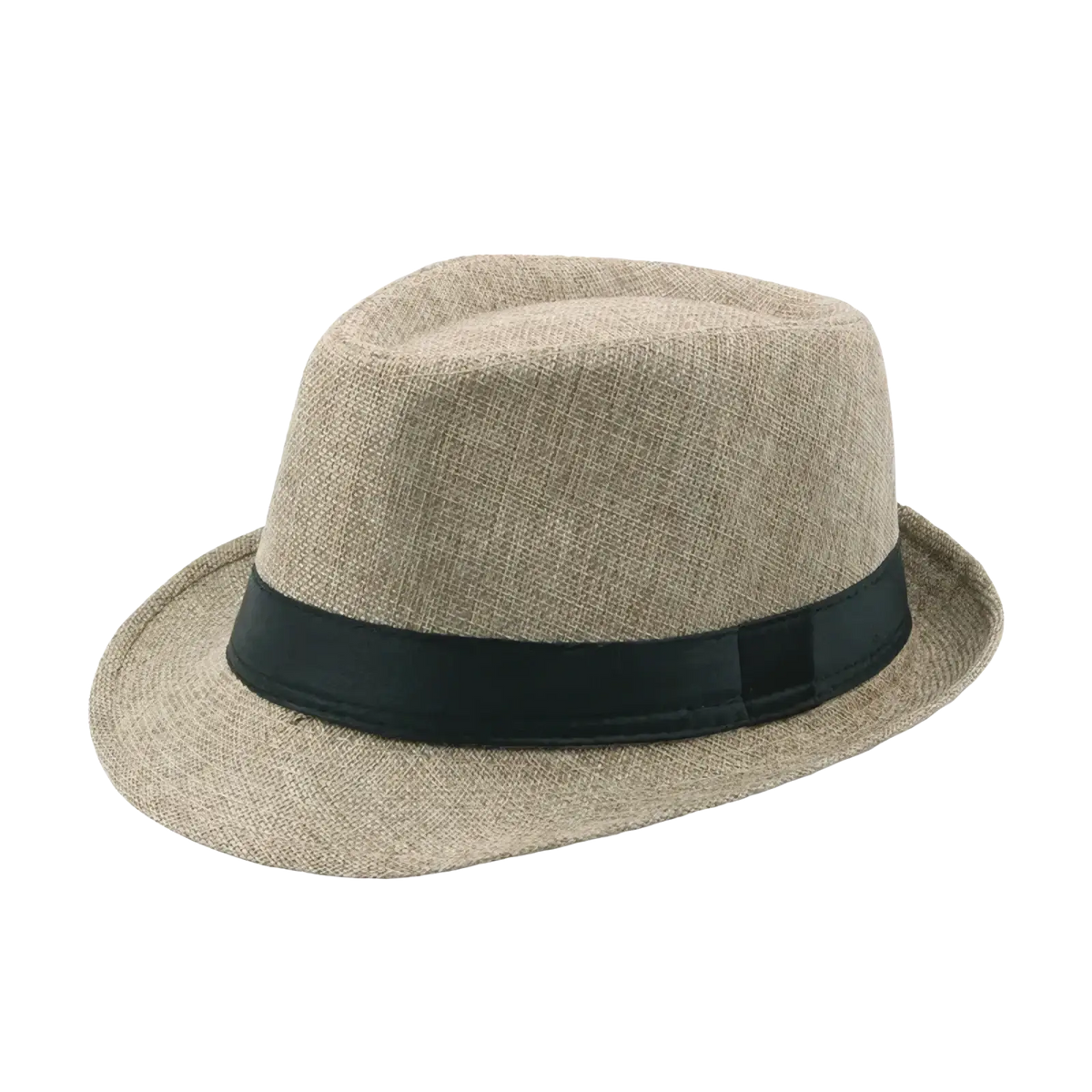 Beige woven straw fedora sun hat with black satin band unisex summer beach cap