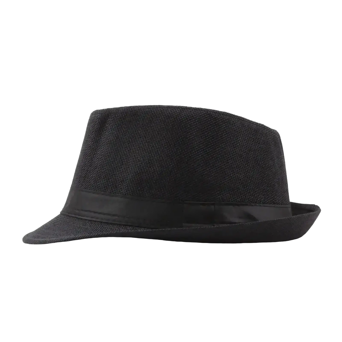 Black fedora sun hat with textured fabric crown and glossy black band ideal for unisex summer beach wear