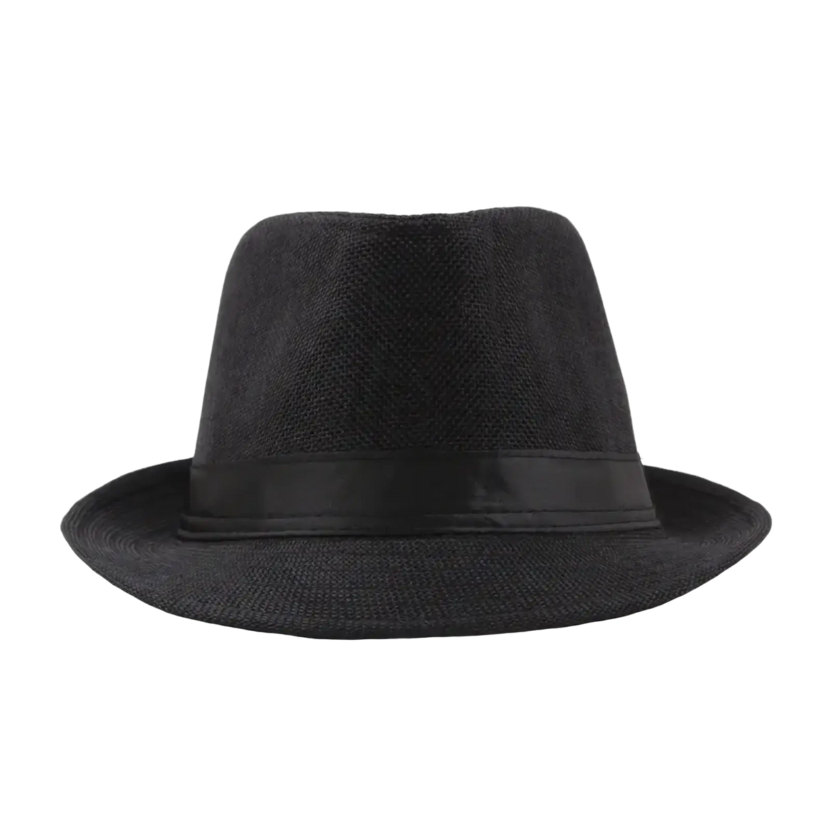 Black straw fedora sun hat with textured woven crown and smooth glossy band ideal for summer beach use