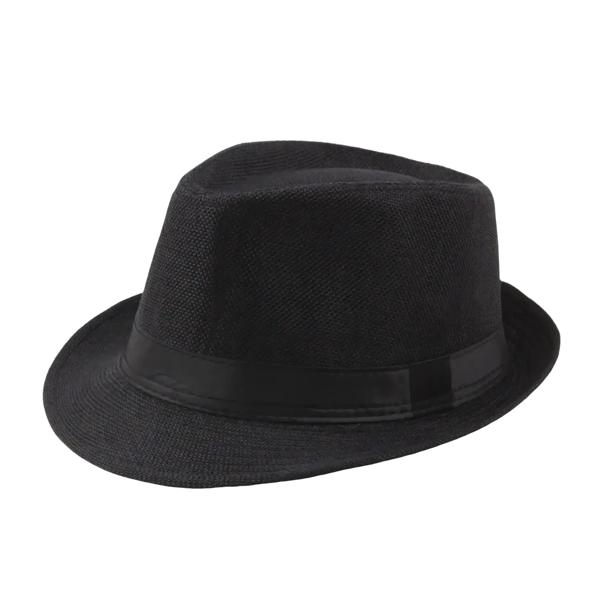Black straw fedora sun hat with textured woven fabric crown and smooth black ribbon band for unisex summer use