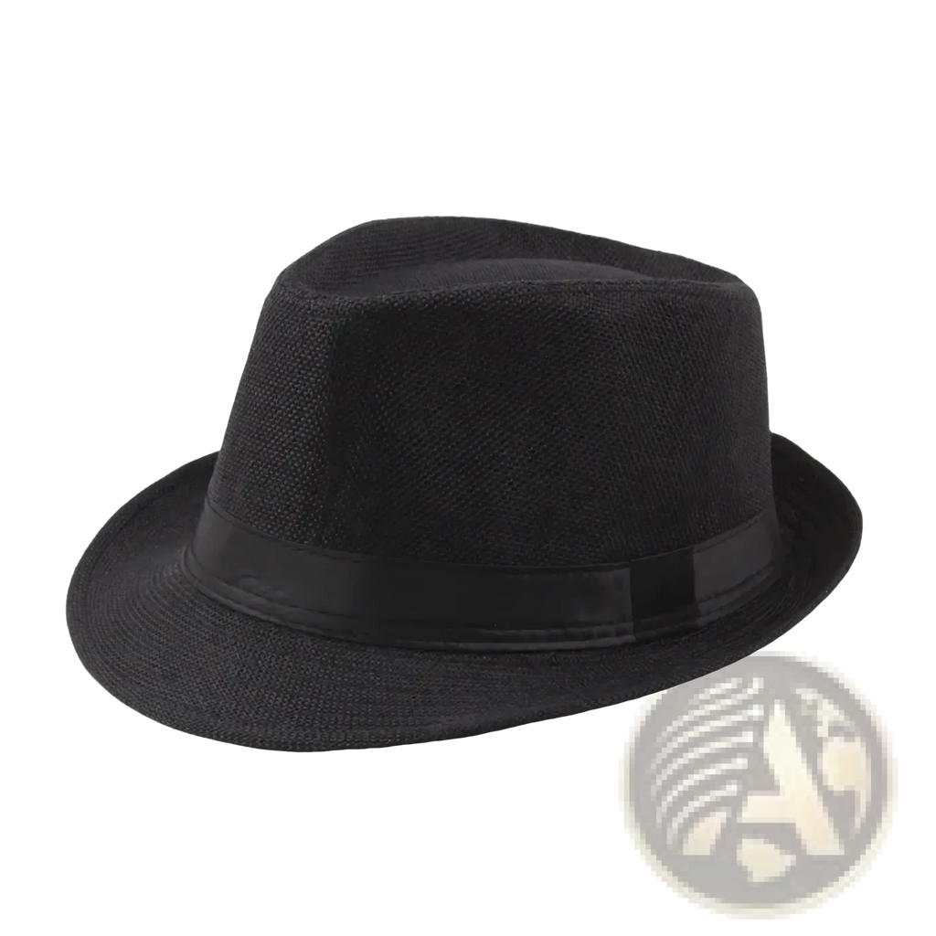Black straw fedora sun hat with textured woven fabric crown and smooth black ribbon band for unisex summer use