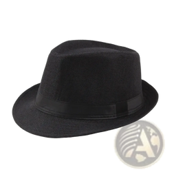 Black straw fedora sun hat with textured woven fabric crown and smooth black ribbon band for unisex summer use