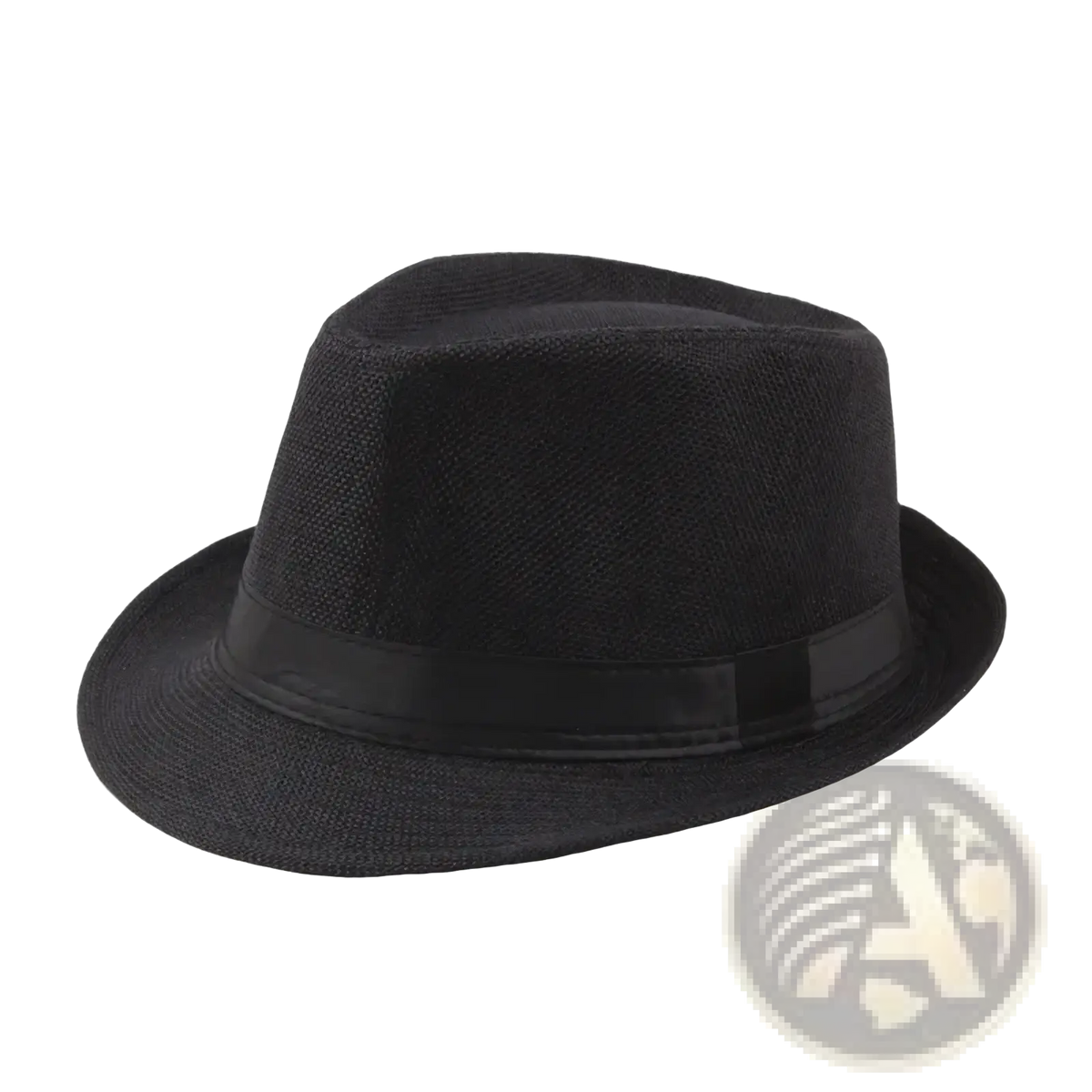Black straw fedora sun hat with textured woven fabric crown and smooth black ribbon band for unisex summer use