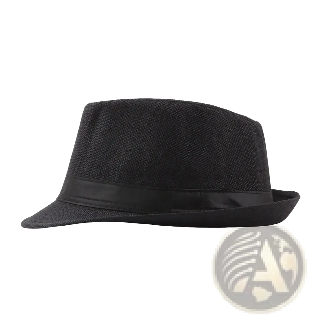 Black fedora hat with textured fabric crown and glossy black ribbon band for unisex summer beach wear