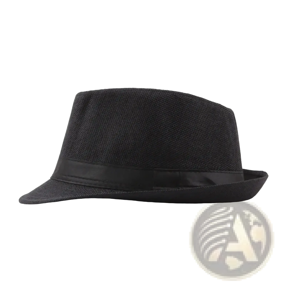 Black fedora hat with textured fabric crown and glossy black ribbon band for unisex summer beach wear
