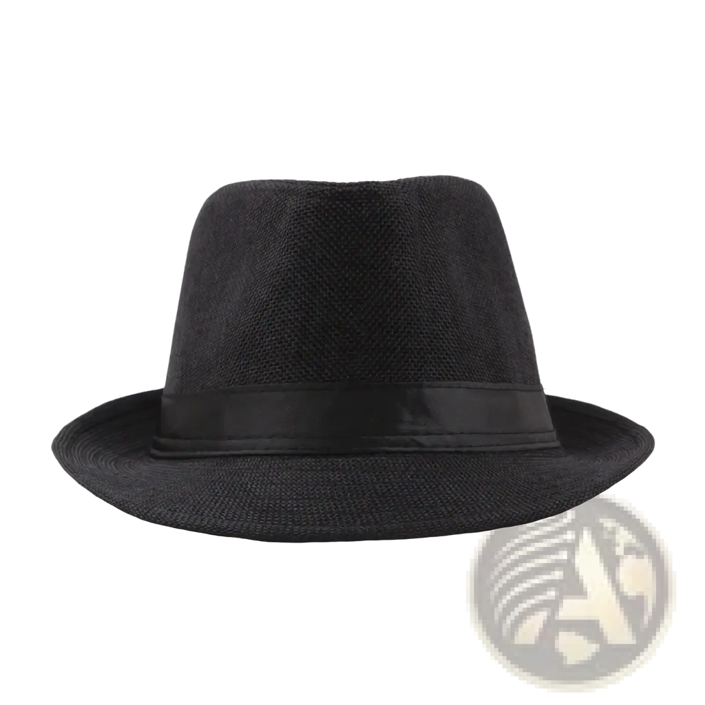 Black straw fedora sun hat unisex summer beach cap with woven texture and smooth satin band