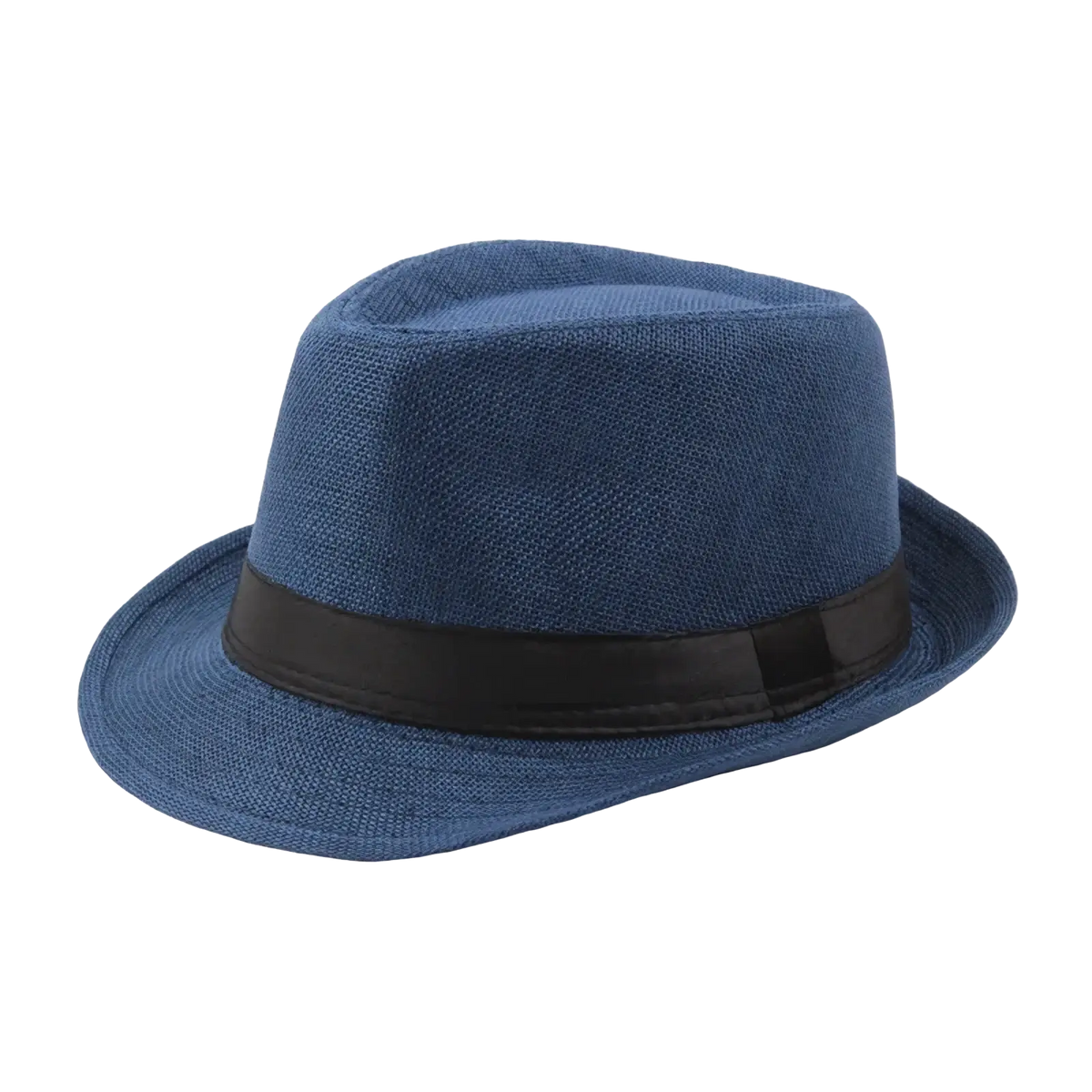 Blue woven straw fedora sun hat with black satin band designed as a unisex summer beach cap