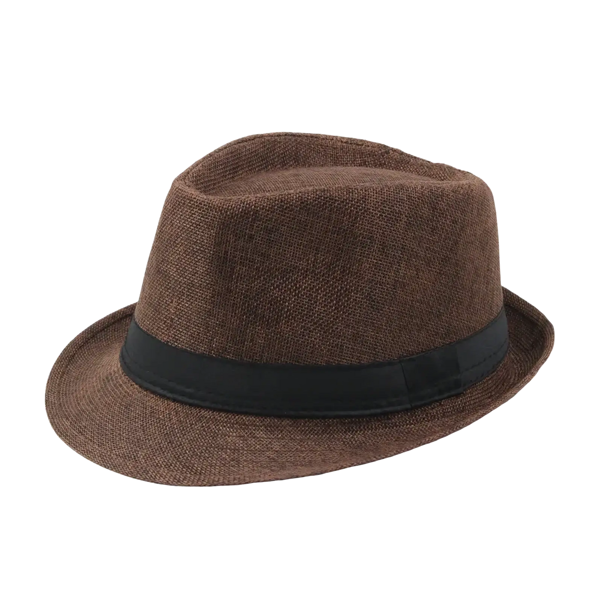 Brown straw fedora sun hat with textured woven fabric and black ribbon band suitable for unisex summer beach wear