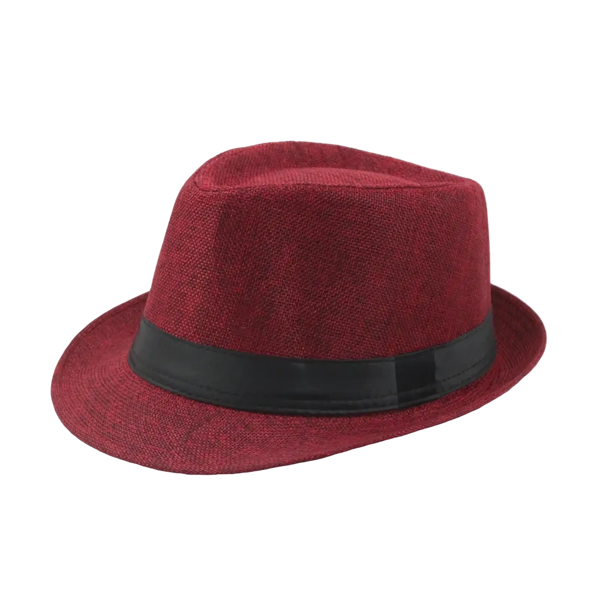 A burgundy straw fedora sun hat with textured fabric crown and black band designed for unisex summer beach wear