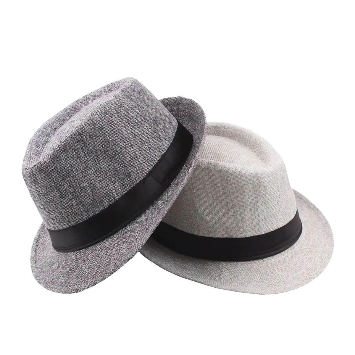 Gray straw fedora sun hat with black ribbon band designed as a unisex summer beach sun hat