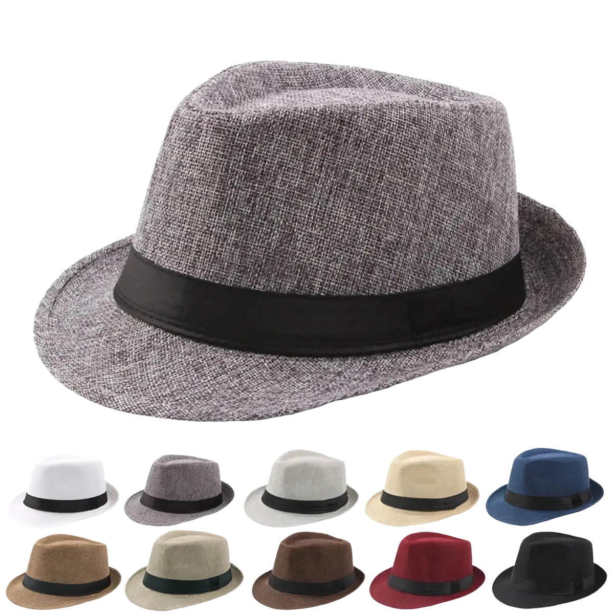 Gray textured fedora sun hat with black ribbon band made of straw for unisex summer beach wear