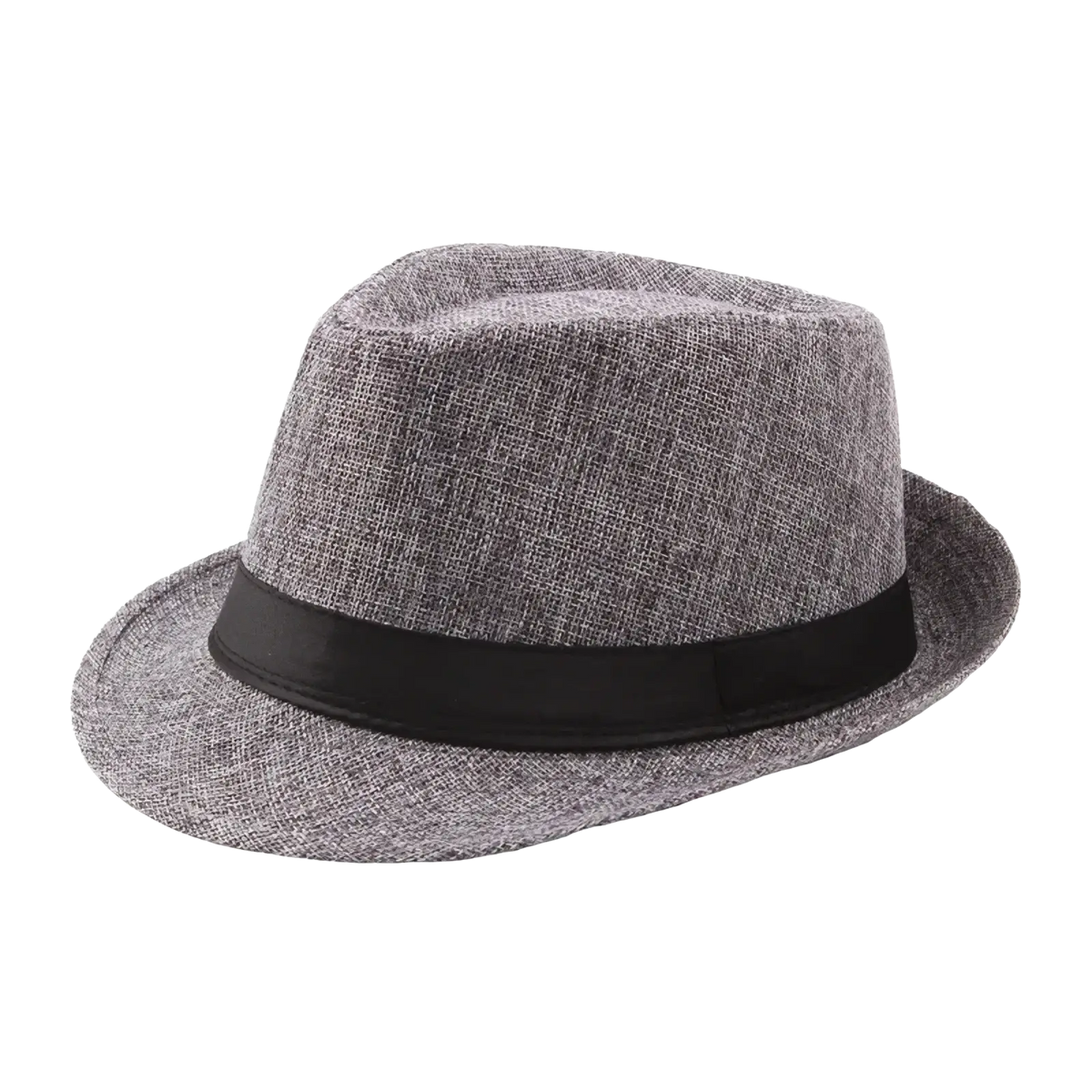 Gray textured fedora hat with black satin band made of straw for unisex summer beach use