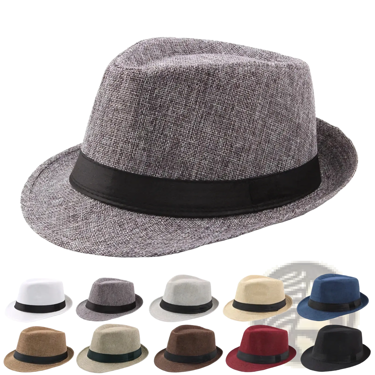 Gray textured fedora hat with black ribbon band made of straw for unisex summer beach sun protection