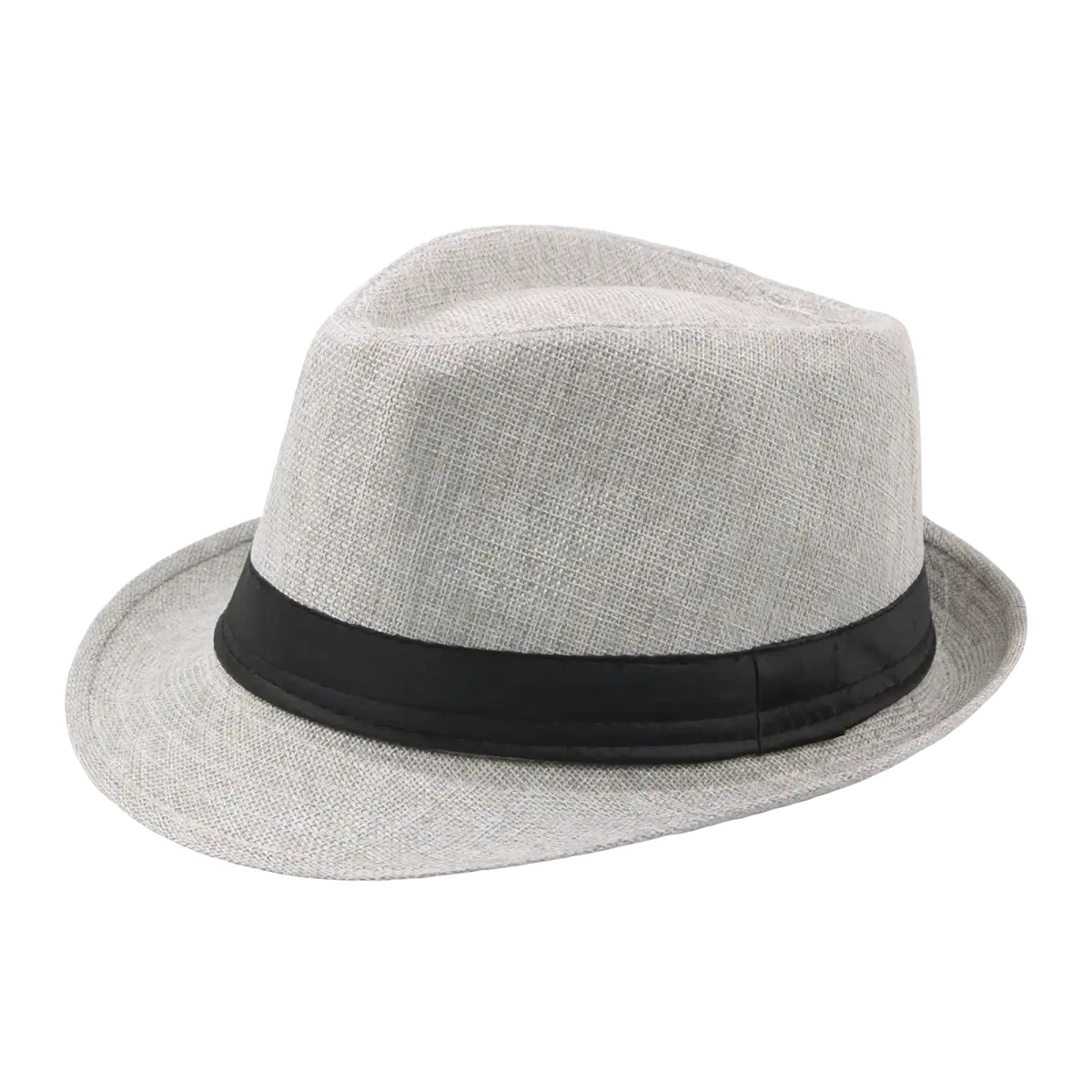 Light gray straw fedora sun hat with black ribbon band unisex summer beach cap