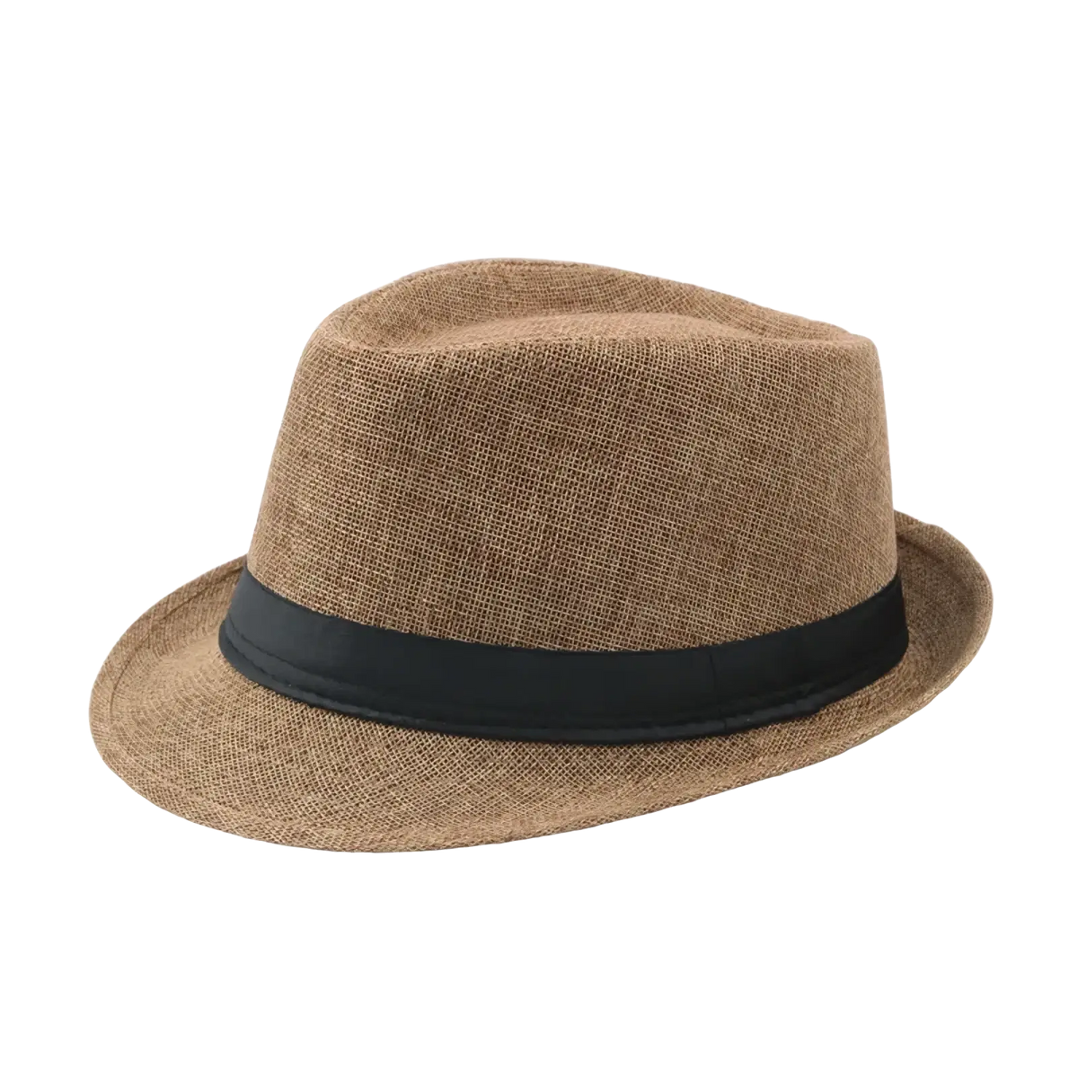 A tan straw fedora sun hat with textured woven fabric and a contrasting black satin band for unisex summer use