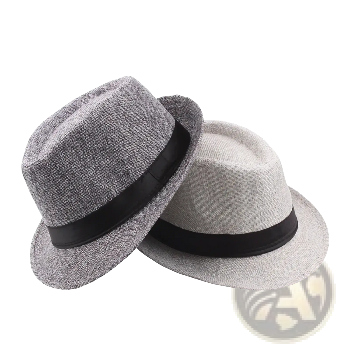 Two gray straw fedora sun hats with black bands overlapped for unisex summer beach wear