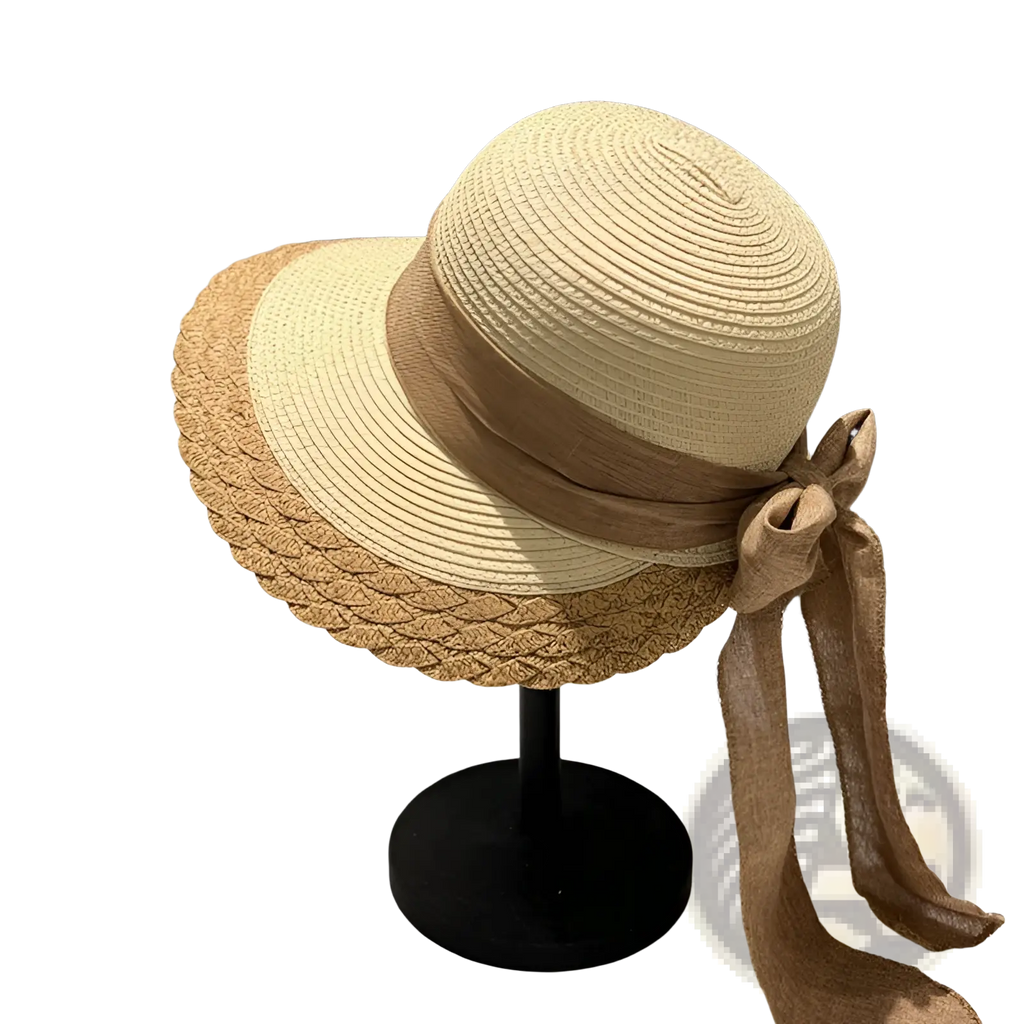 Beige straw sun hat with woven scalloped brim and tan ribbon bow for summer beach wear