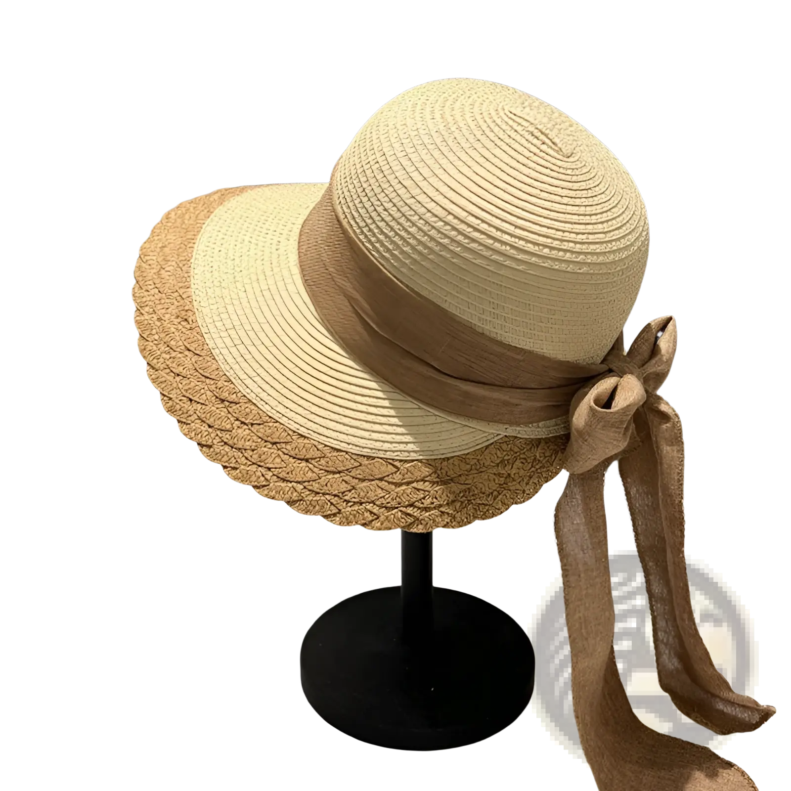 Beige straw sun hat with woven scalloped brim and tan ribbon bow for summer beach wear
