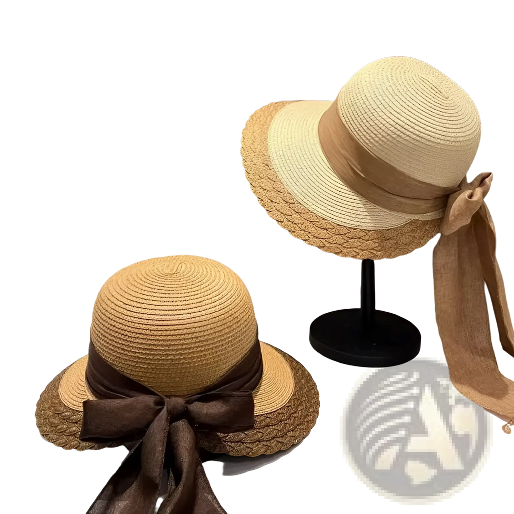 Beige straw sun hat woven with a wide brim and contrasting brown satin ribbon bow at the back for summer beach use