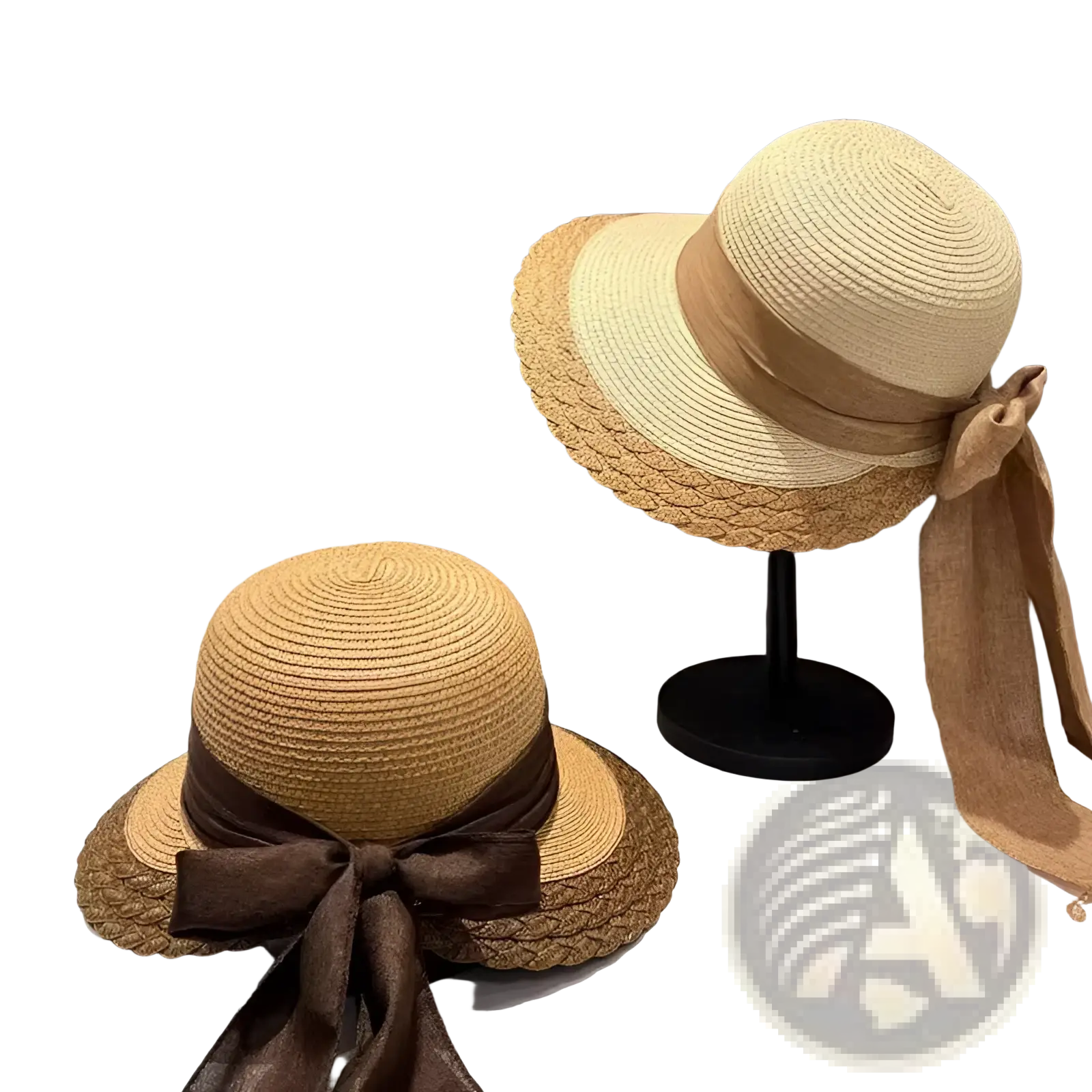 Beige straw sun hat woven with a wide brim and contrasting brown satin ribbon bow at the back for summer beach use