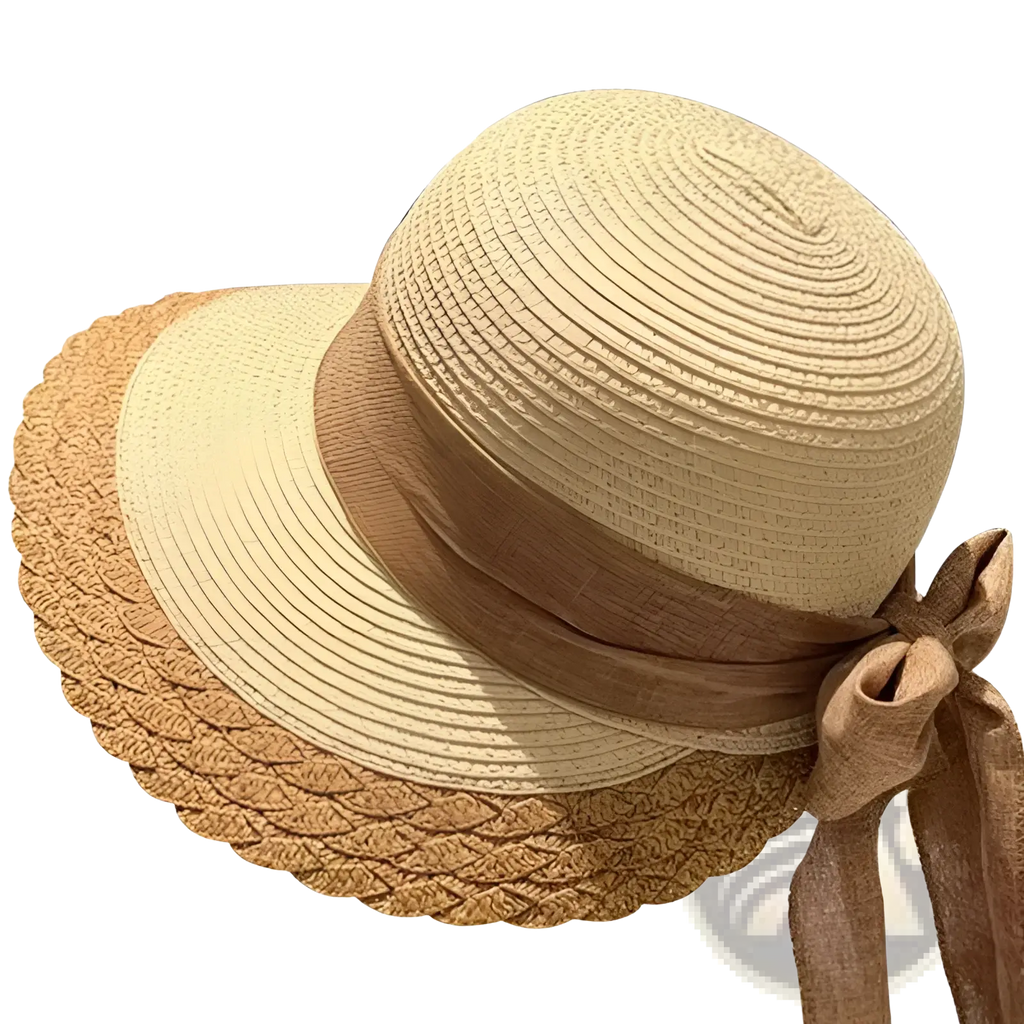 Beige straw sun hat with wide scalloped brim and brown woven ribbon bow for summer beach wear