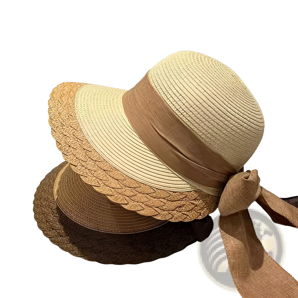 Beige straw sun hat with a woven brown ribbon bow perfect for summer beach wear