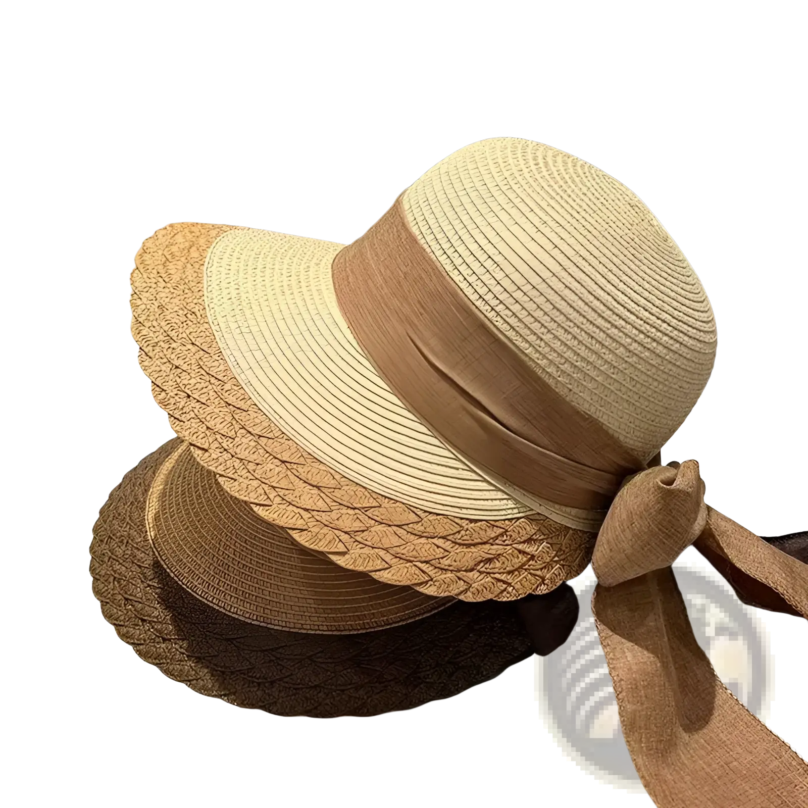 Beige straw sun hat with a woven brown ribbon bow perfect for summer beach wear