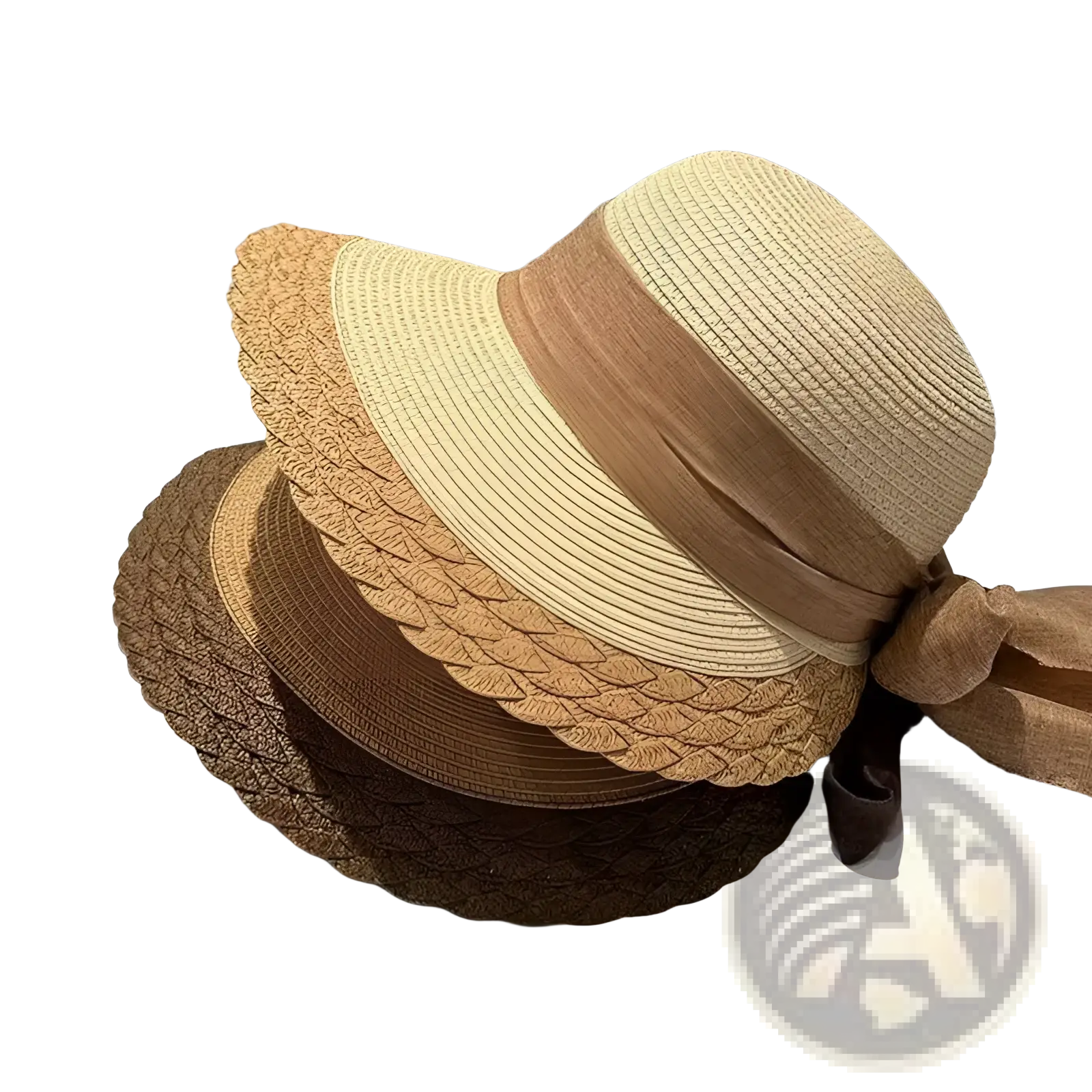 A stack of three woven straw sun hats in beige tan and brown with matching fabric ribbon bows for summer beach use