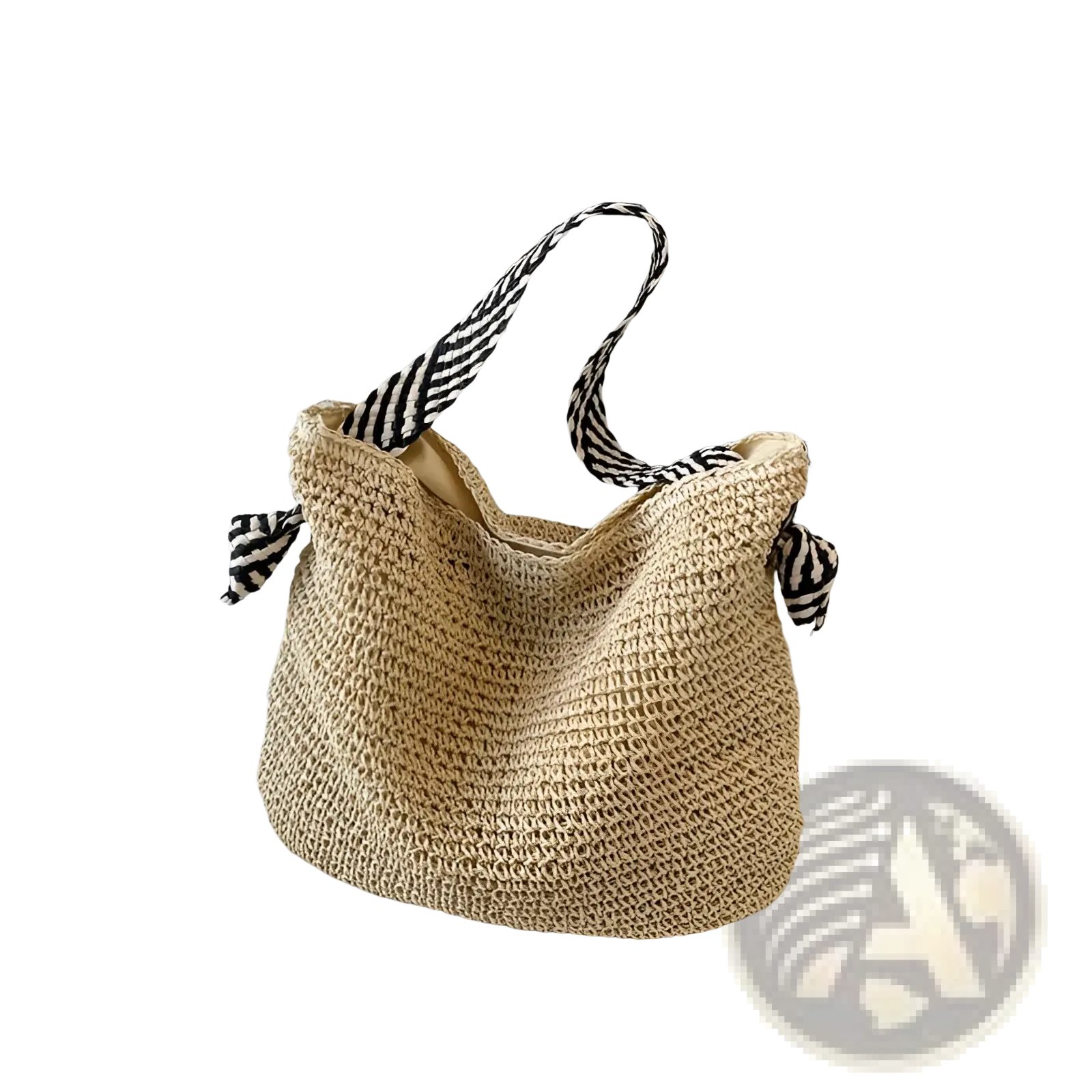 Beige woven straw tote bag with black and white striped fabric handles tied into bows for casual use