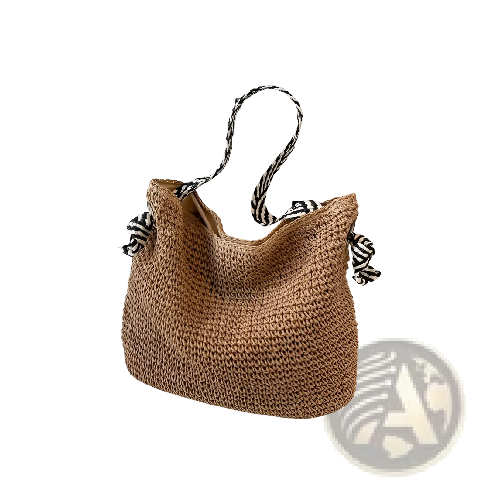 Beige woven straw tote bag with black and white striped fabric bow handles for casual use