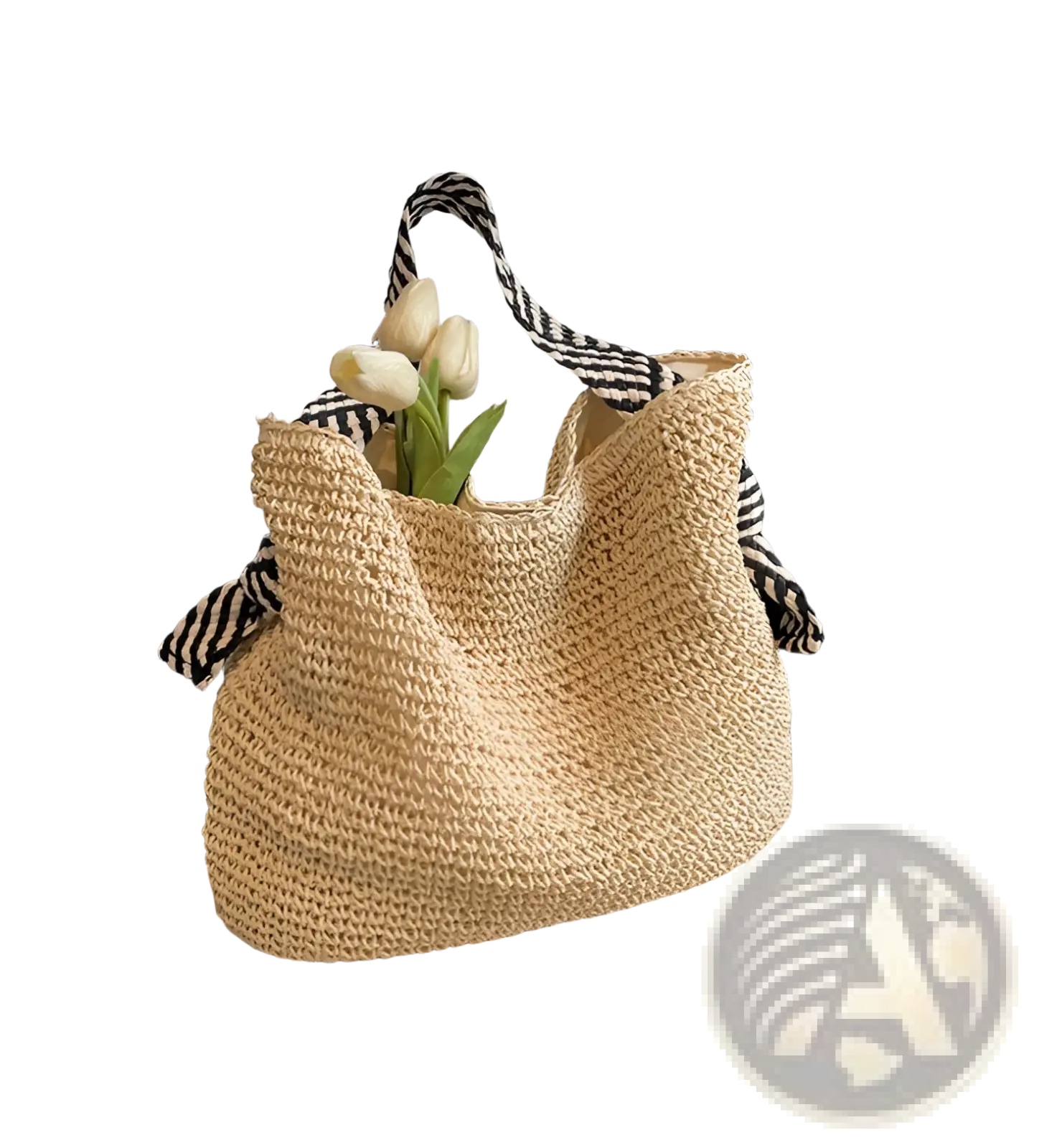 Beige woven straw tote bag with black and white striped fabric bow handles for casual use