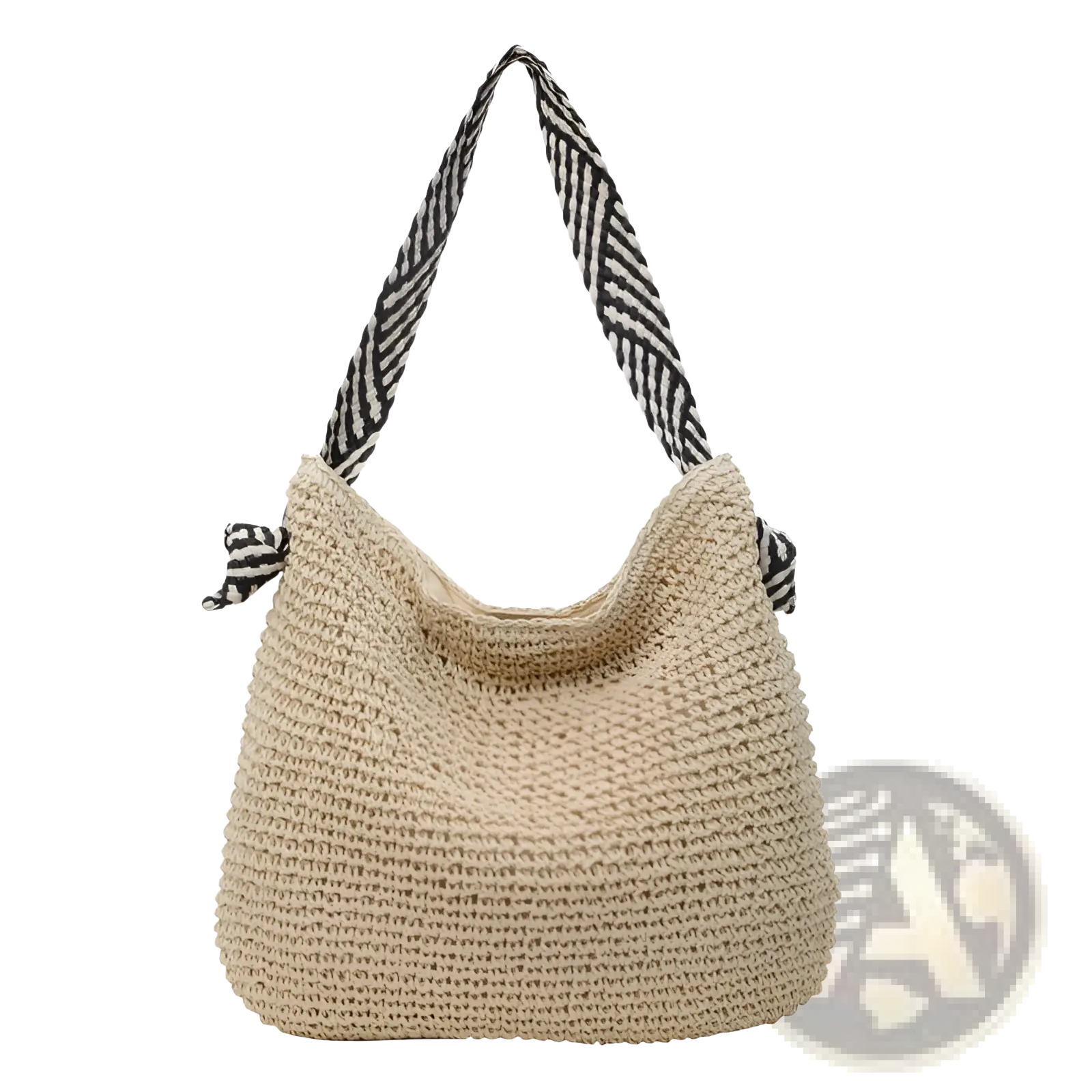 Beige woven straw tote bag with black and white striped fabric handles tied into bows for stylish carrying