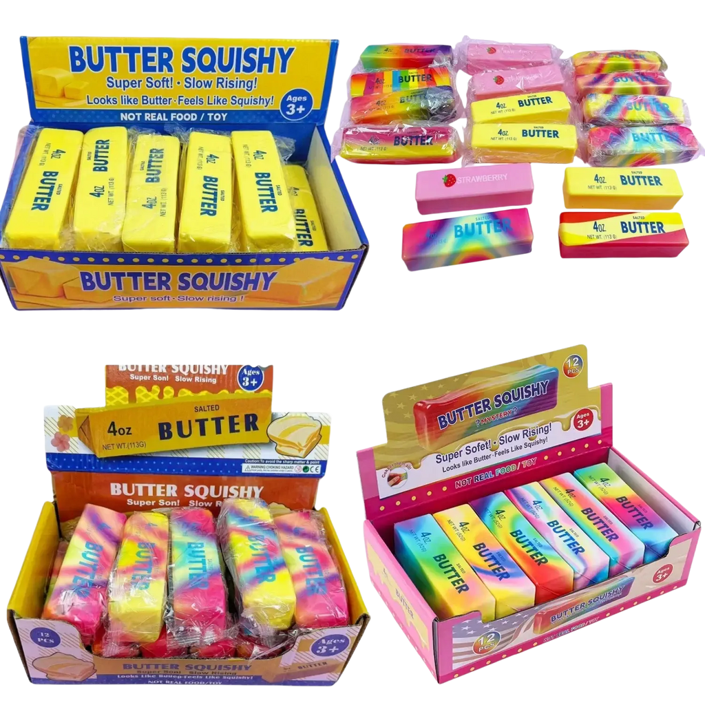 Colorful strawberry butter slow rising squishy toys in vibrant hues and patterns made of soft, squishy material