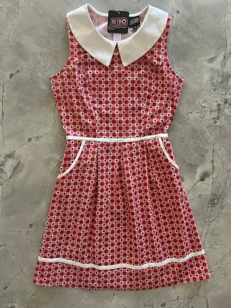 Retro strawberry gingham peter pan collar dress in red and white with belt and white trim details