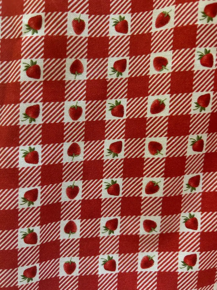 Retro strawberry gingham Peter Pan collar dress featuring red and white checkered fabric with small strawberry prints