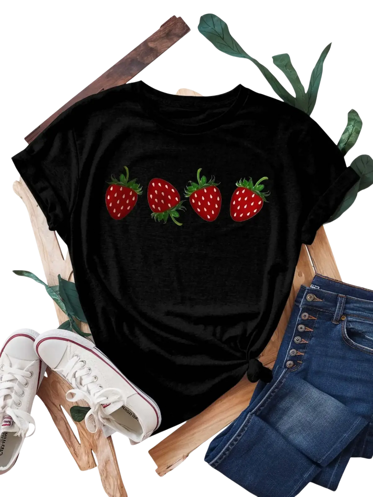 Black short sleeve cotton t-shirt with a row of four embroidered strawberries for casual wear