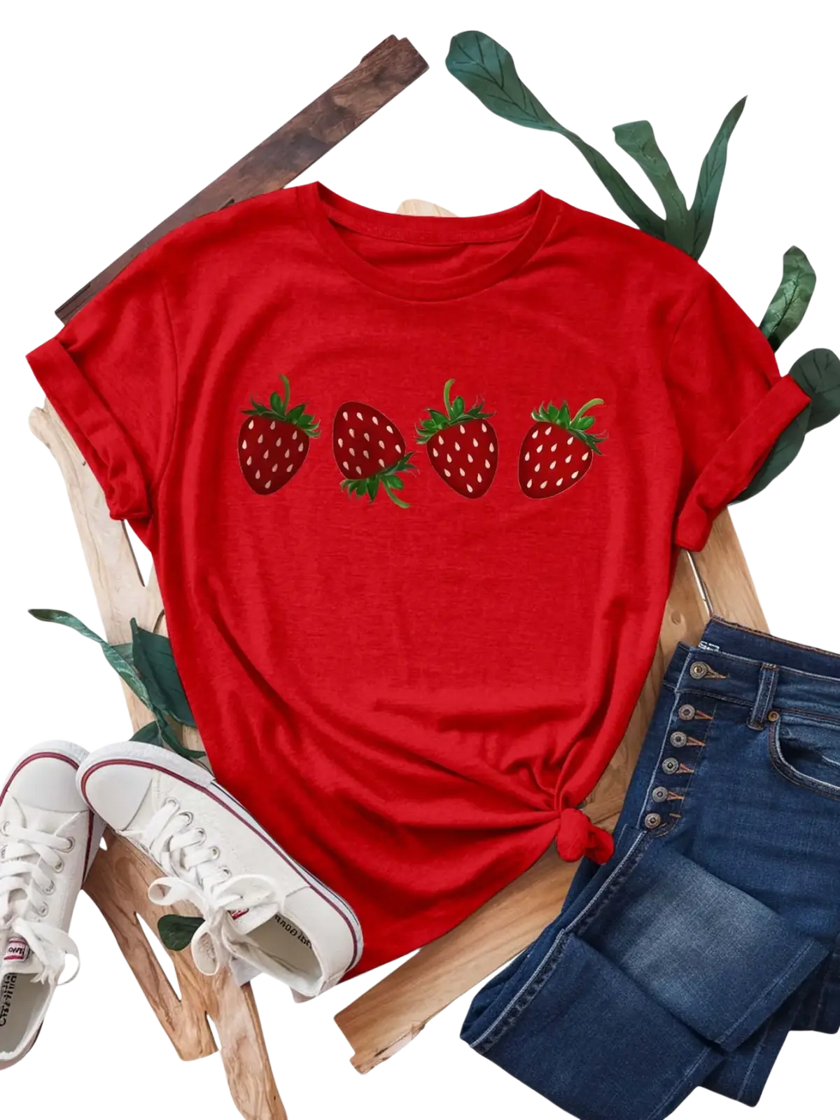 Red short sleeve casual t-shirt with embroidered strawberry fruit details and vibrant red print design