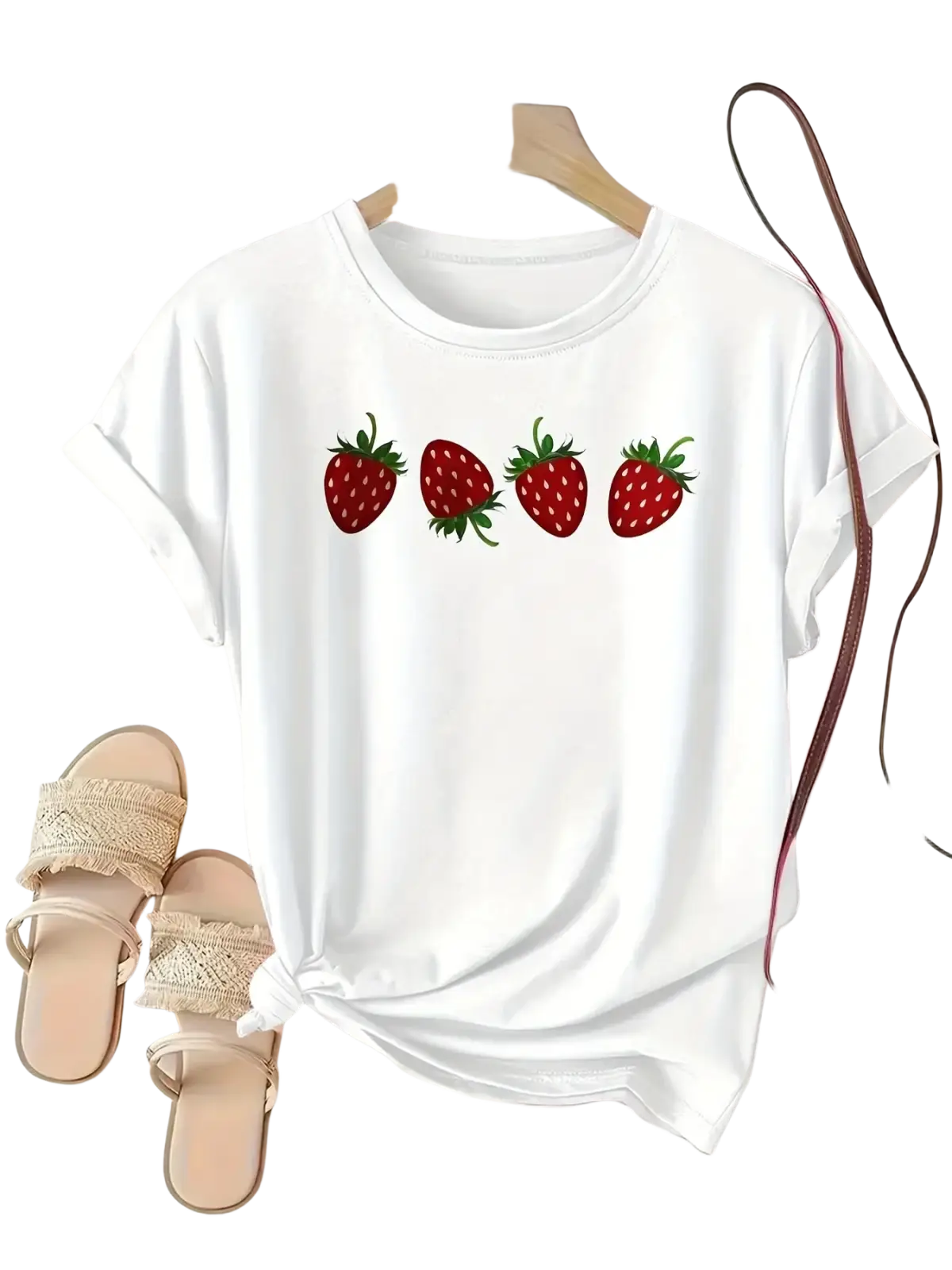 White short sleeve casual t-shirt with strawberry print and round neckline perfect for everyday wear