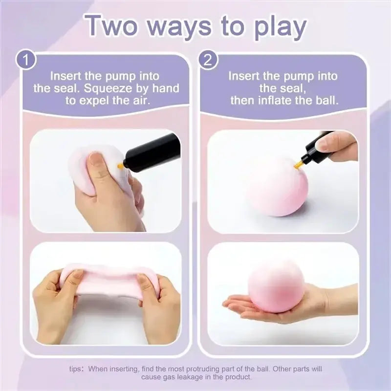 Pink inflatable stress ball with black pump nozzle designed as an asmr crunchy fidget toy for stress relief