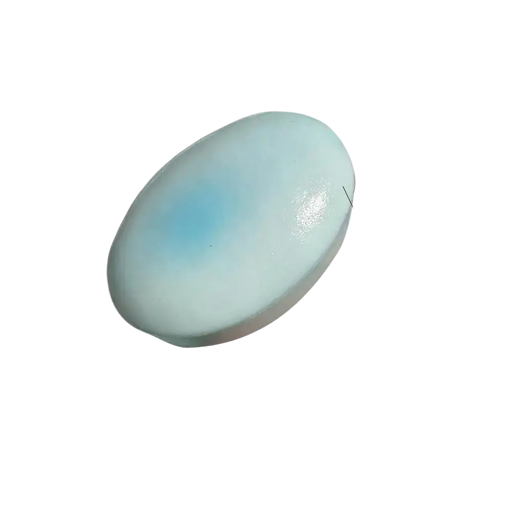 A smooth pastel blue oval stress relief slow rising cheese cake squishy toy with subtle gradient shading