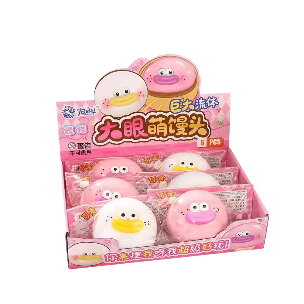 Pink and white plush donut-shaped stress relief toy ducks with yellow beaks in a colorful display box for compress toy use
