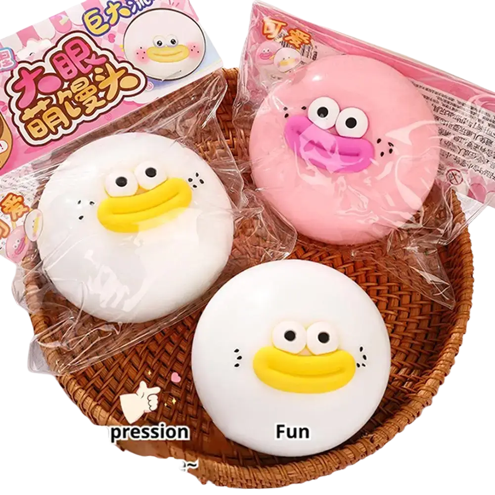 Pink and white plush duck-shaped stress relief toy with slow rising squishy material and yellow beak for compress toy use