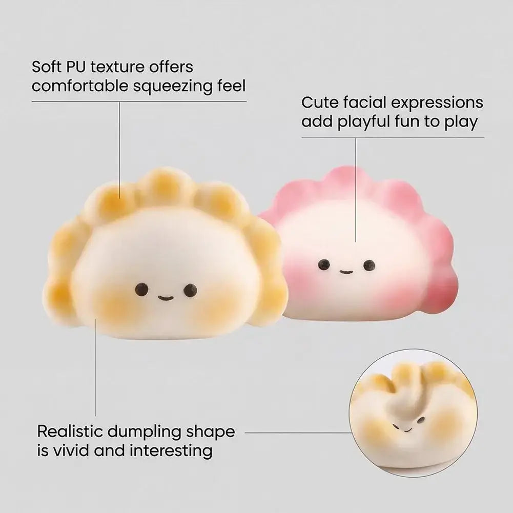 Cute pastel yellow and pink pu dumpling-shaped stress-relieving toy with soft texture and adorable facial expressions