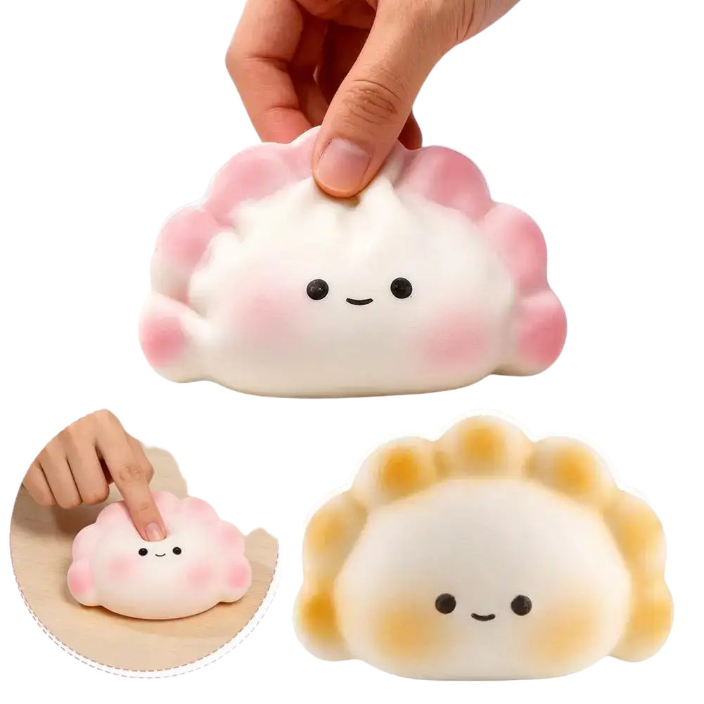 Pink and white squishy dumpling stress-relieving toy with a cute smiling face for fidgeting and relaxation