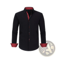 Black men’s stretch colorblock dress shirt with red inner collar cuffs and button accents in a sleek design