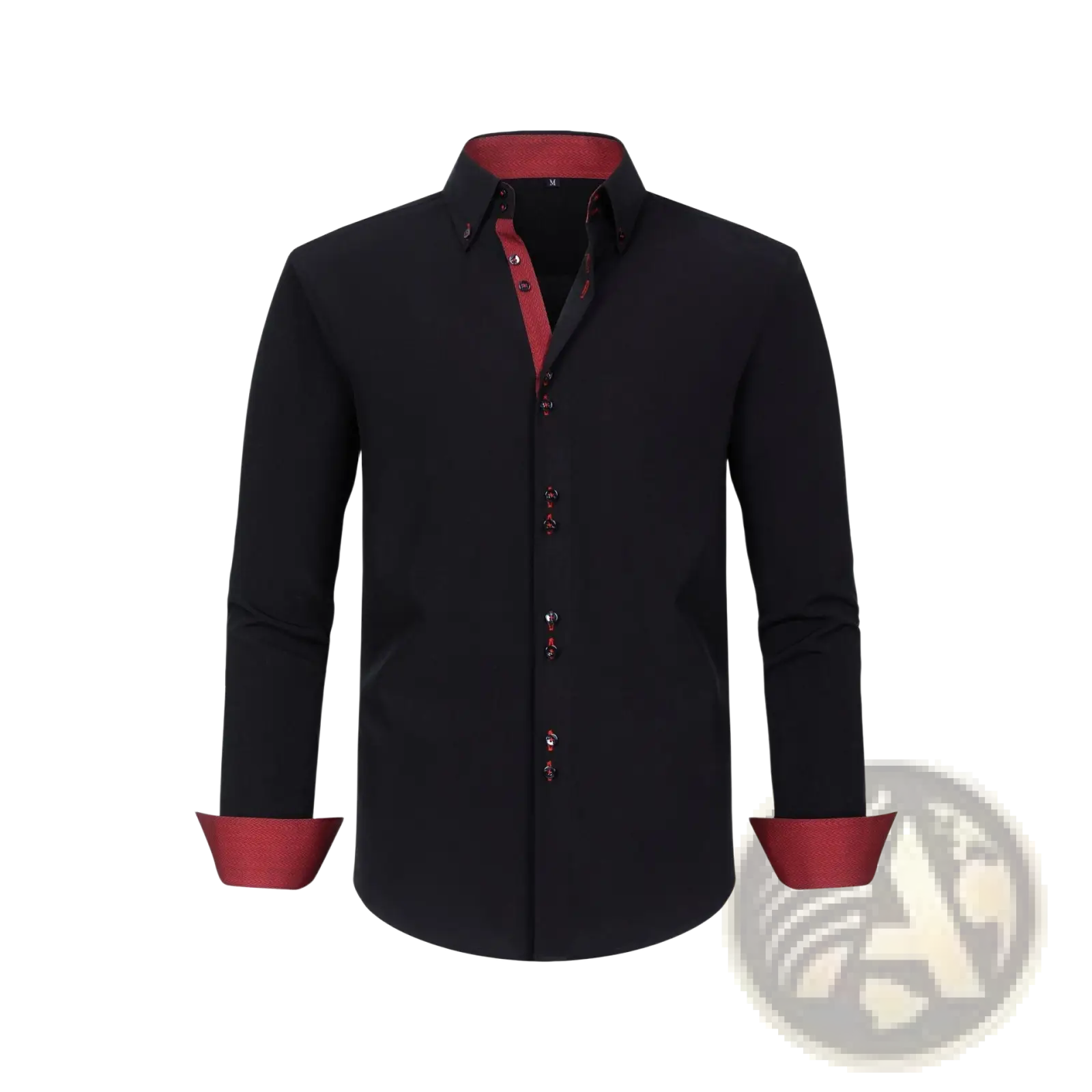 Black men’s stretch colorblock dress shirt with red inner collar cuffs and button accents in a sleek design