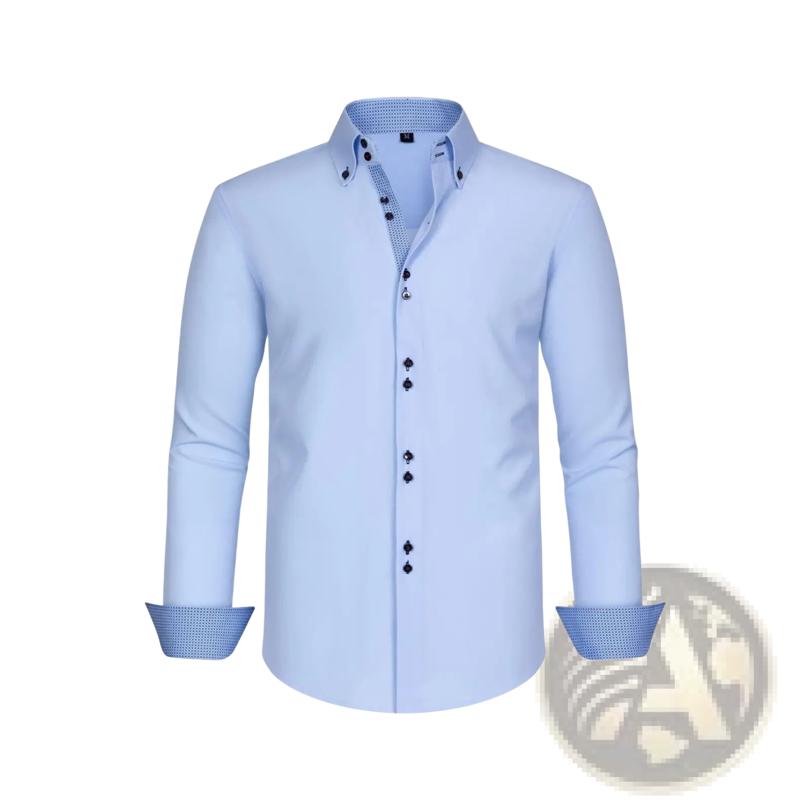 Light blue stretch colorblock men’s dress shirt with subtle patterned accents on collar cuffs and button placket